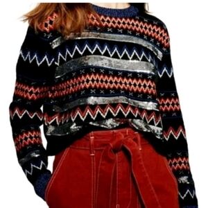 TopShop Sequin Fair Isle Sweater Woman Sz 6 Black Knit Crop Crewneck Hoilday Nwt